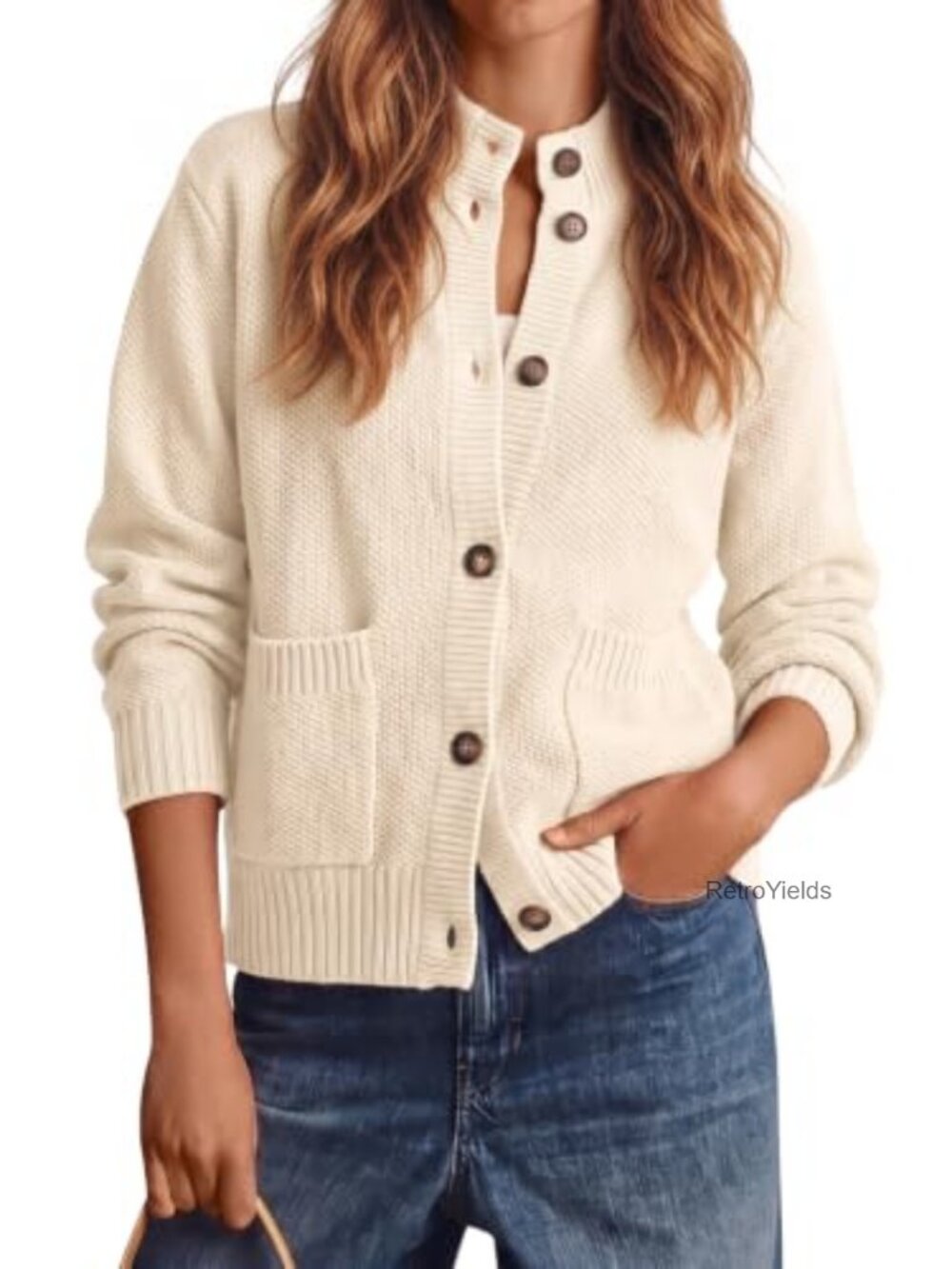 Chunky Knit Button Down Mock Neck Cardigan Long Sleeve Cropped Sweater